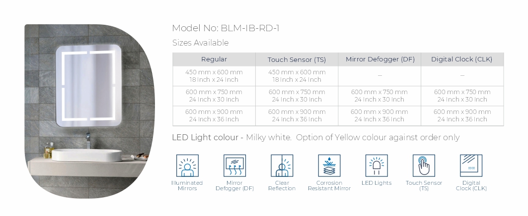 BLM-IB-RD1 Back Lit Mirror Rounded corners  with Inside Border